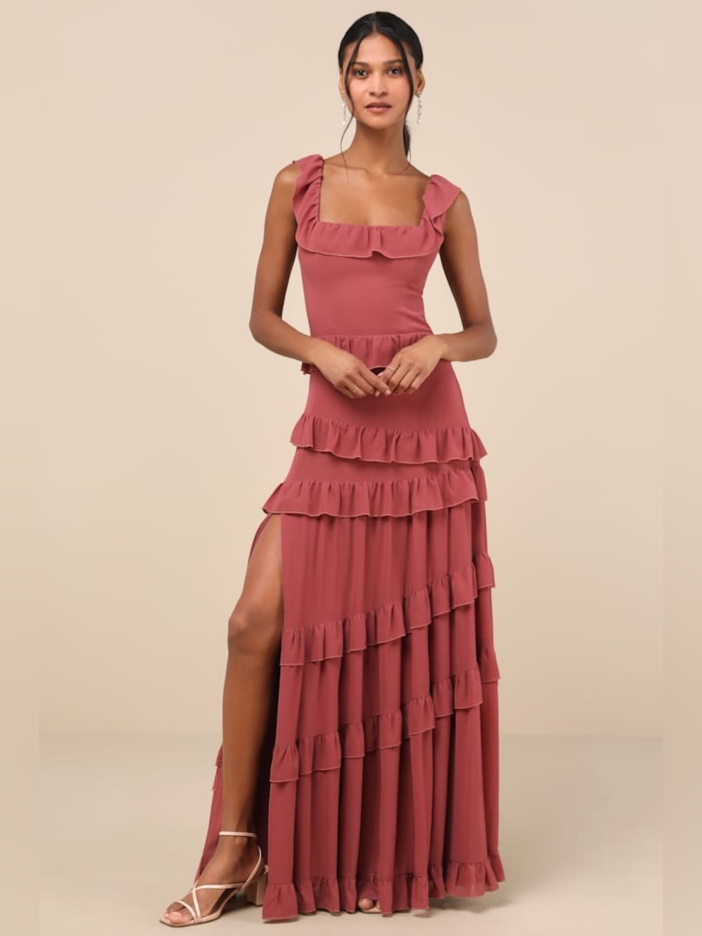 Lulu's compelling romantic rusty Rose Ruffled Tiered Maxi Dress with High Slit